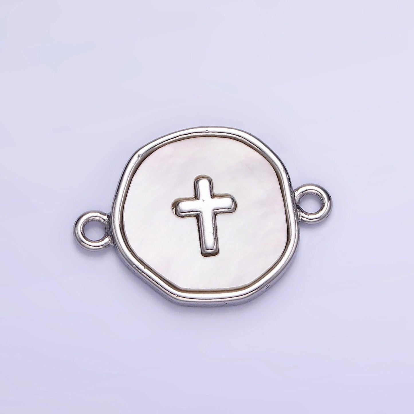 14k gold filled round coin cross charm connector shell pearl link connector | g-287