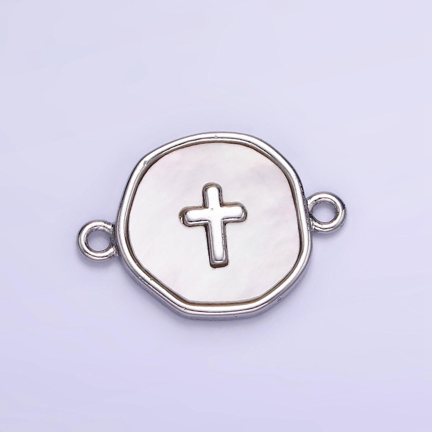 14k gold filled round coin cross charm connector shell pearl link connector | g-287