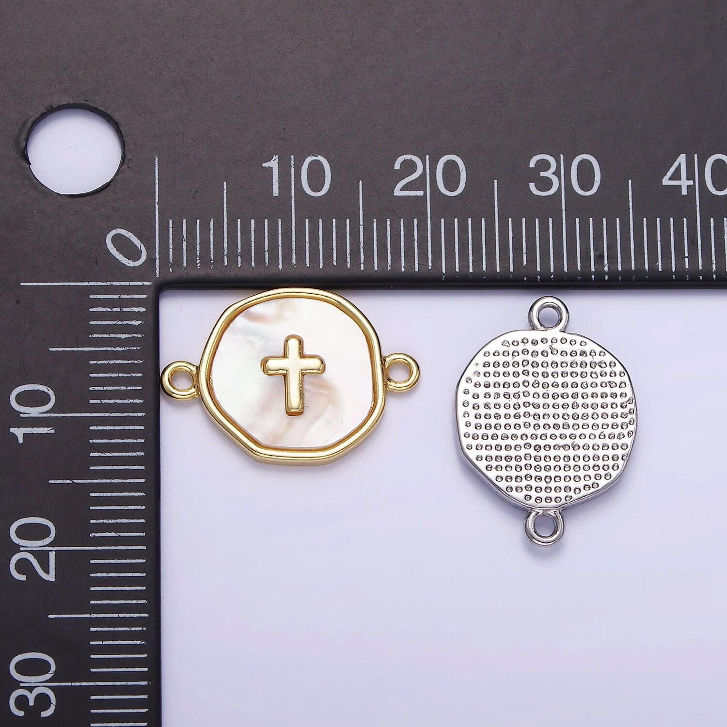 14k gold filled round coin cross charm connector shell pearl link connector | g-287