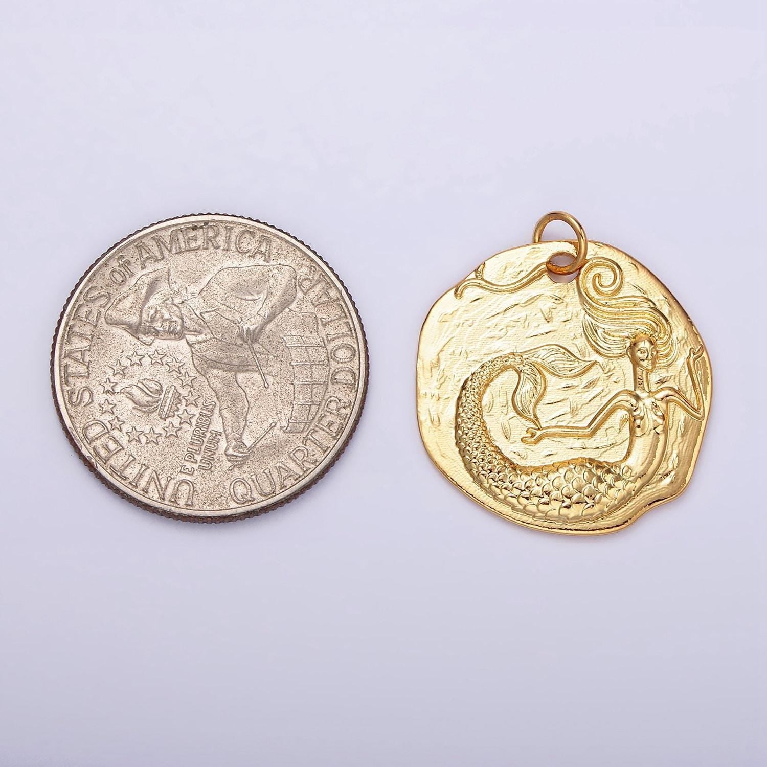 14k gold filled ocean mermaid textured round coin charm in gold & silver | n1161 n1162