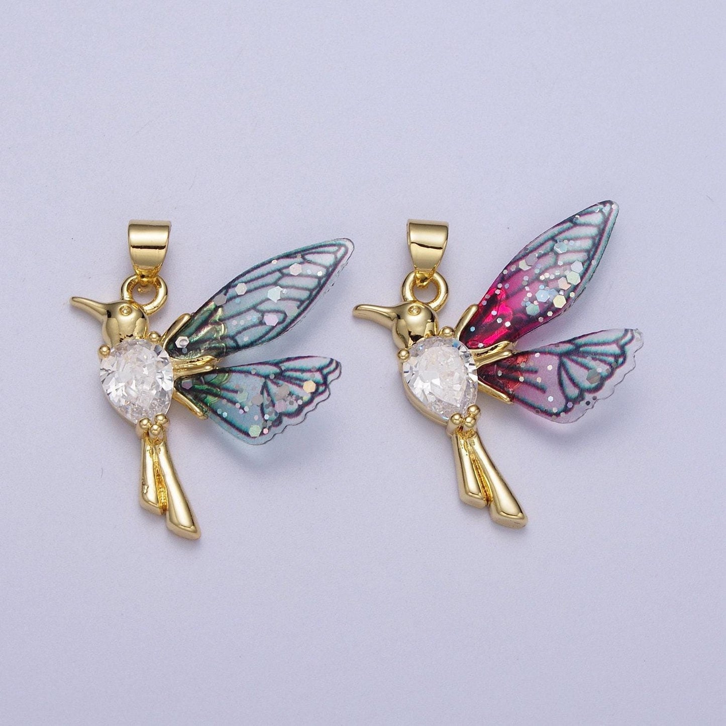 Gold cz blue & fuchsia humming bird pendant, 24k gold plated micro paved cz resin beautiful sparkly fairy charm | i152, i094