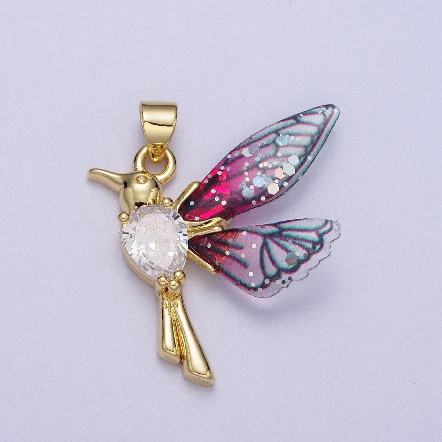 Gold cz blue & fuchsia humming bird pendant, 24k gold plated micro paved cz resin beautiful sparkly fairy charm | i152, i094