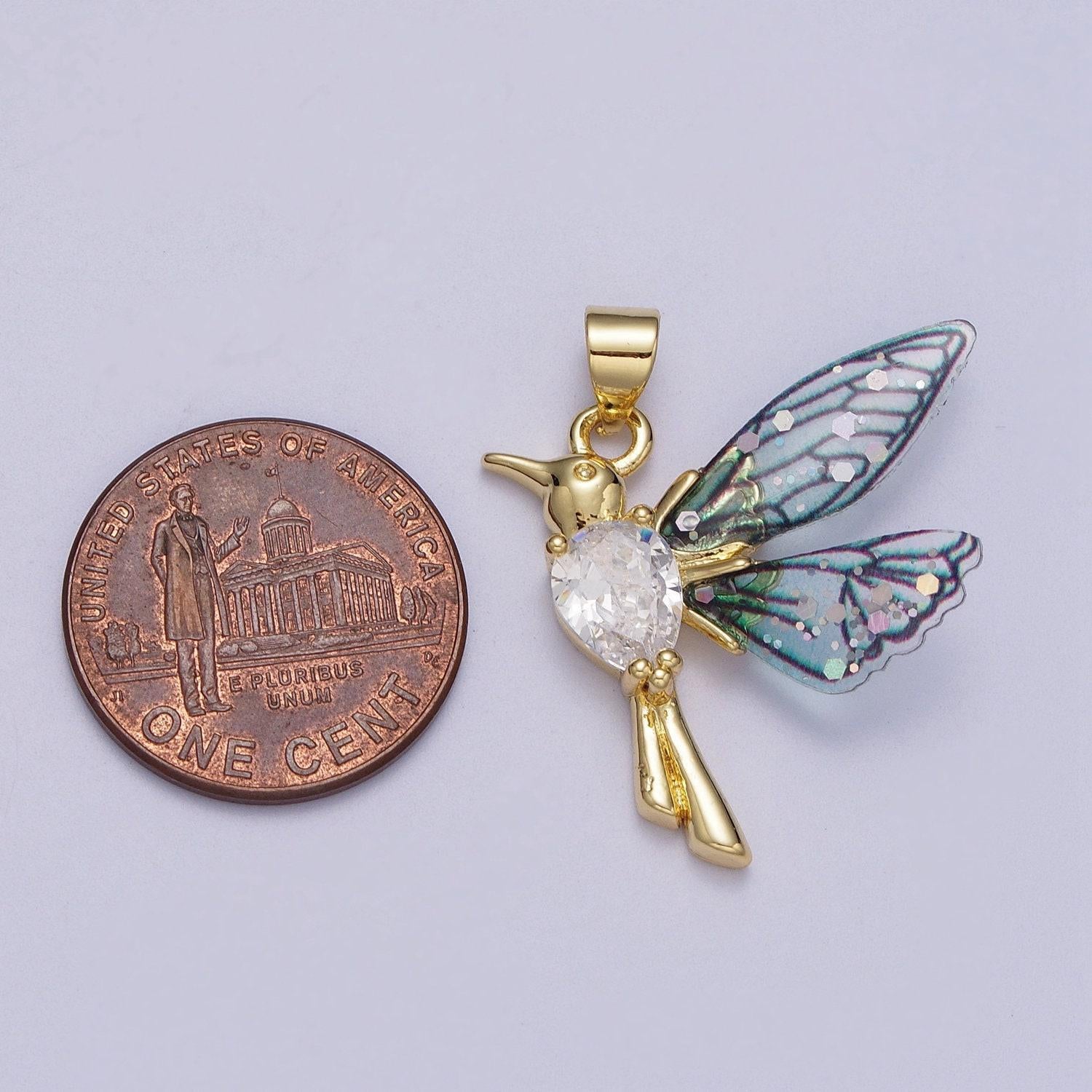 Gold cz blue & fuchsia humming bird pendant, 24k gold plated micro paved cz resin beautiful sparkly fairy charm | i152, i094