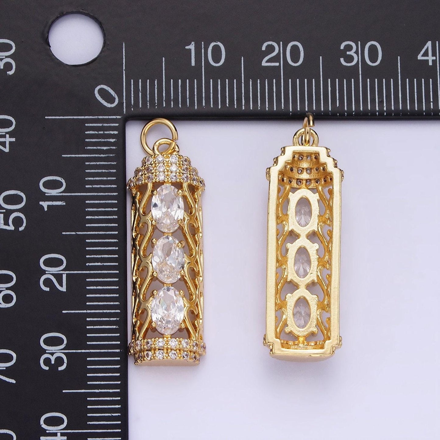 14k gold filled triple oval cz open filigree micro paved tube charm | ag620