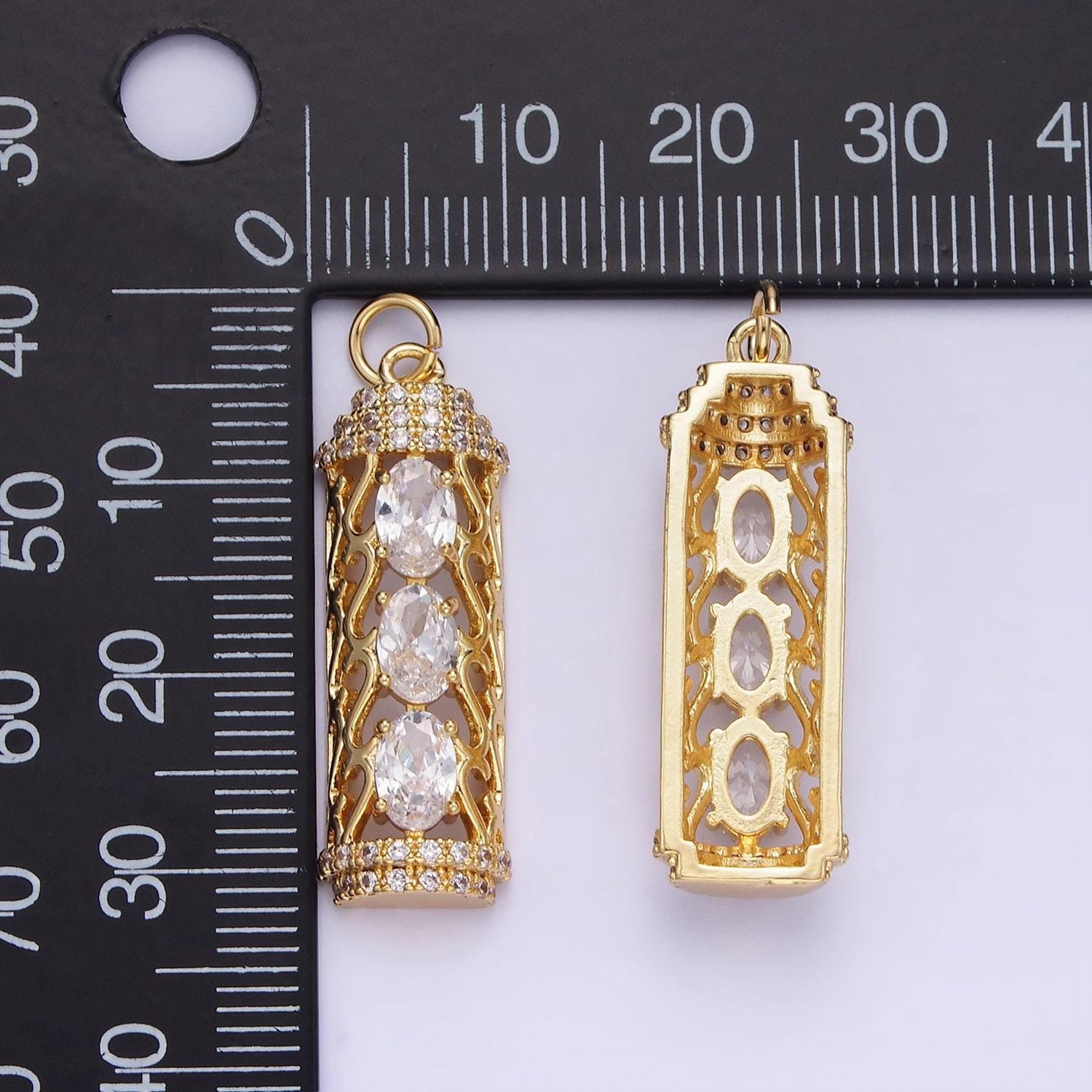 14k gold filled triple oval cz open filigree micro paved tube charm | ag620