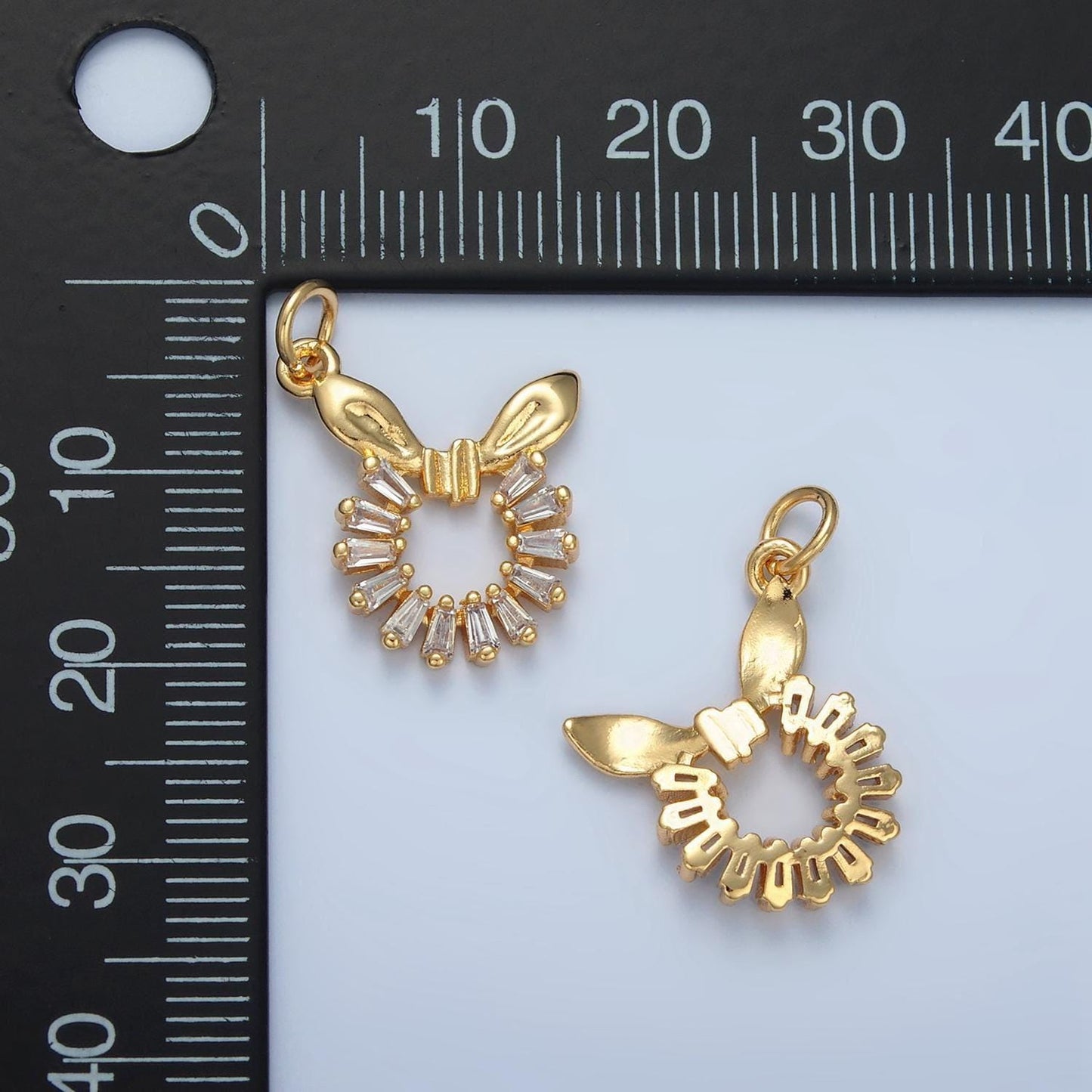 Clear baguette cz open round charm with bow ribbon gold filled charm | m-048