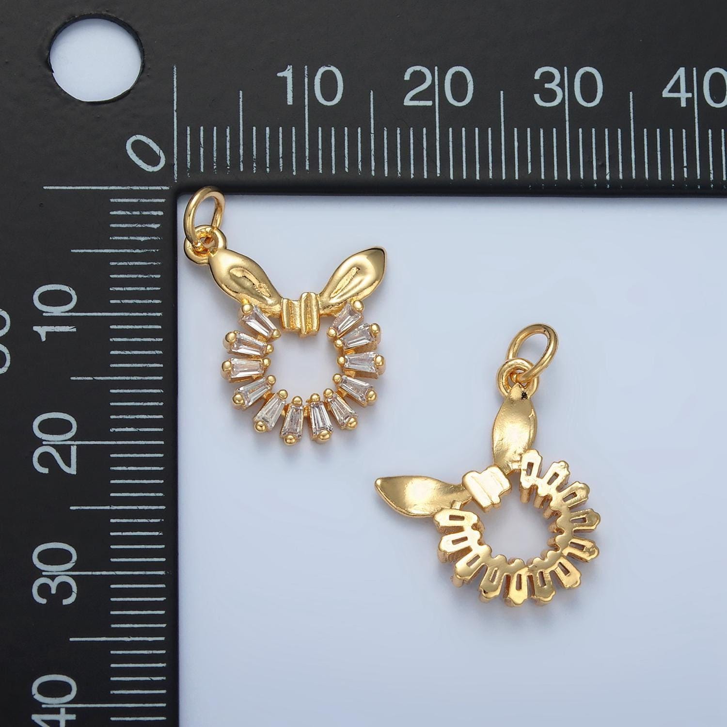 Clear baguette cz open round charm with bow ribbon gold filled charm | m-048