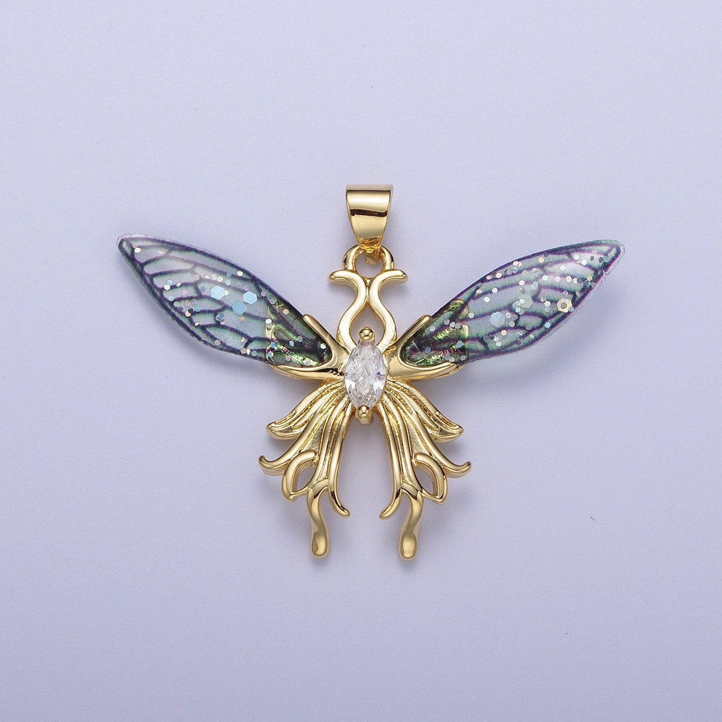 Gold cz blue & fuchsia fairy wings pendant, 24k gold filled micro paved marquise cut cz resin beautiful sparkly fairy charm | h-541, h-529