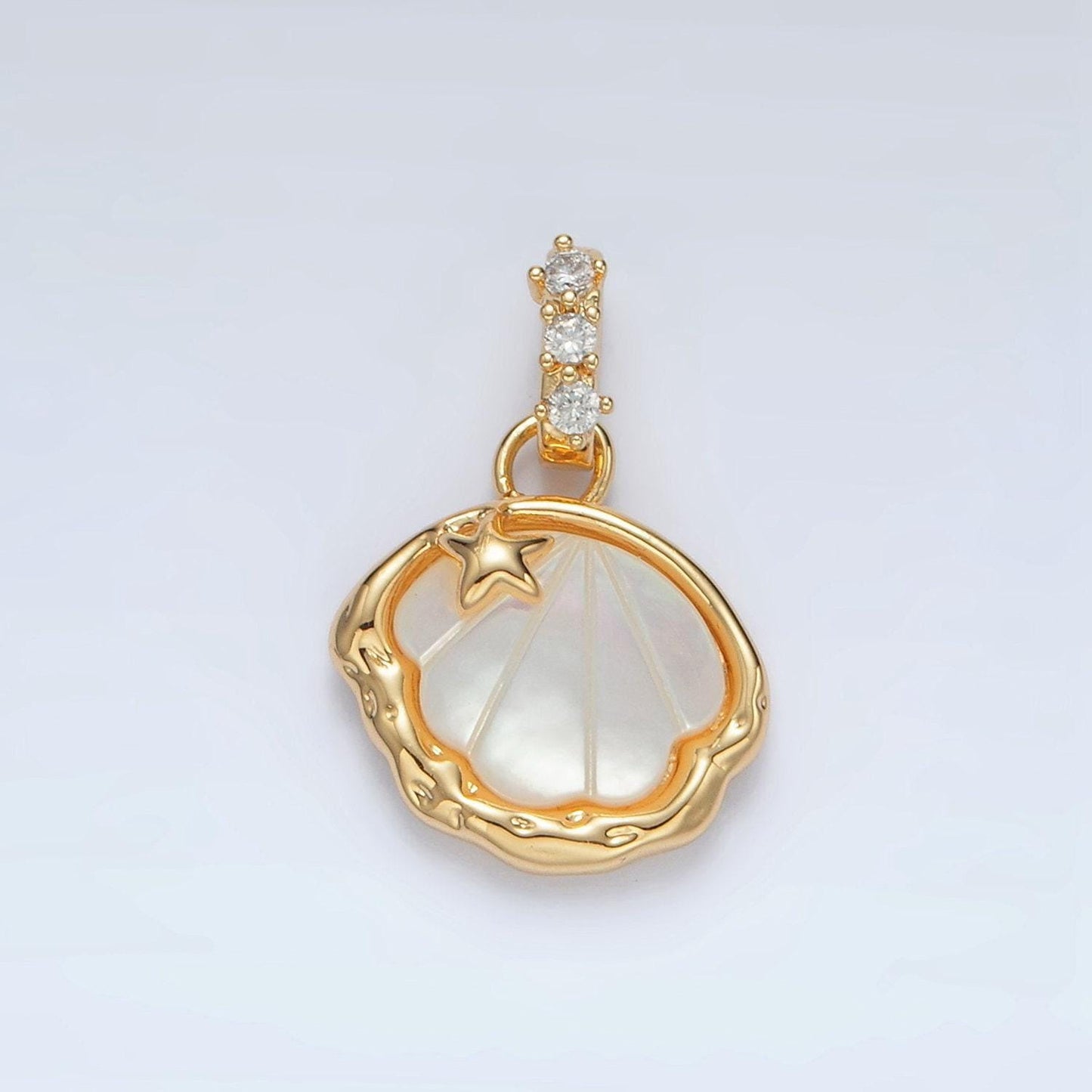 24k gold filled clam sea shell pearl cz paved w/ mini star charm | aa-1514