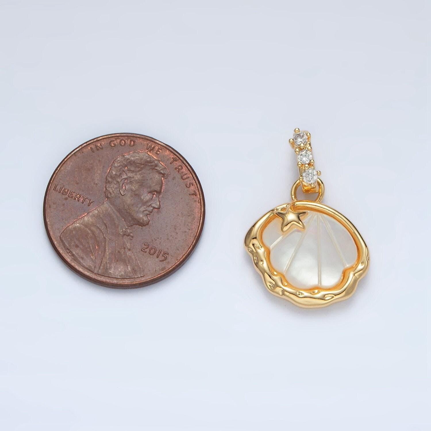 24k gold filled clam sea shell pearl cz paved w/ mini star charm | aa-1514