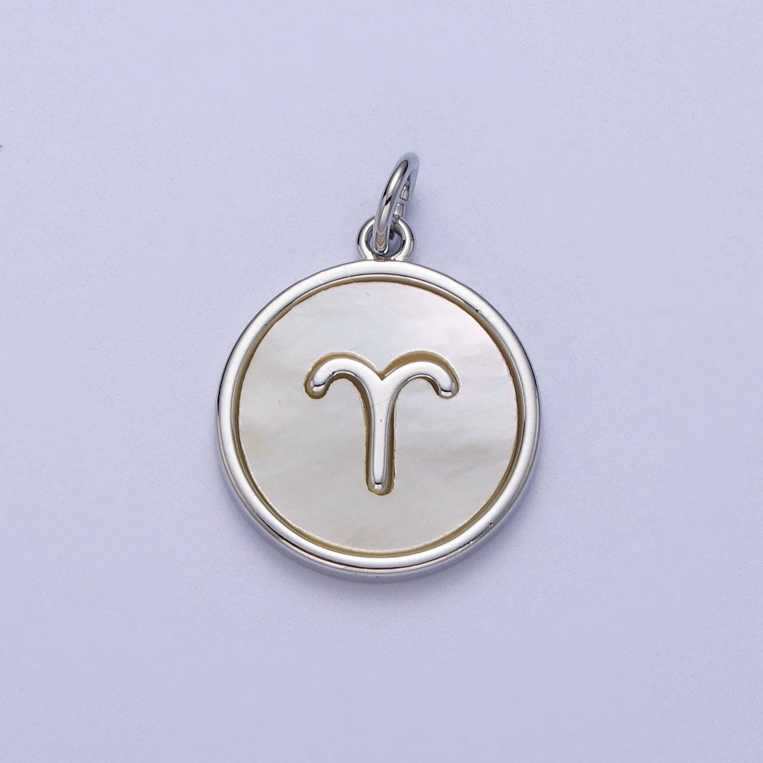 Shell pearl silver zodiac signs medallion pendant white gold fill astrology birthday month horoscope mother of pearl round coin charm a1731