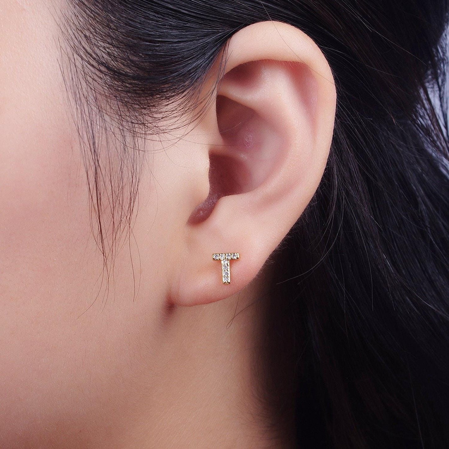 1 pair 14k gold filled cz diamond stud earrings fashion alphabet letter initial earring tiny hypoallergenic studs dainty earring for gift