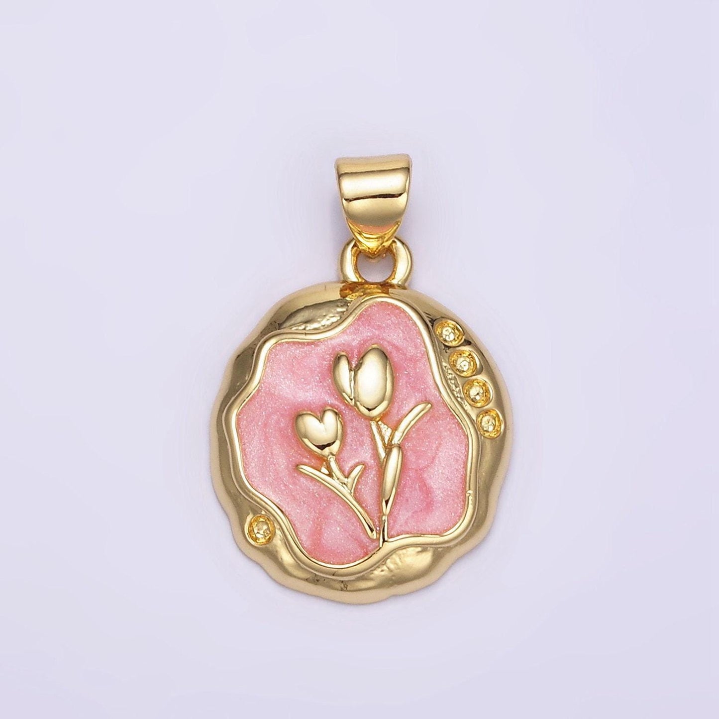 1pc gold tulip charms white, pink enamel flower charm abstract oval charm medallion for necklace bracelet aa069