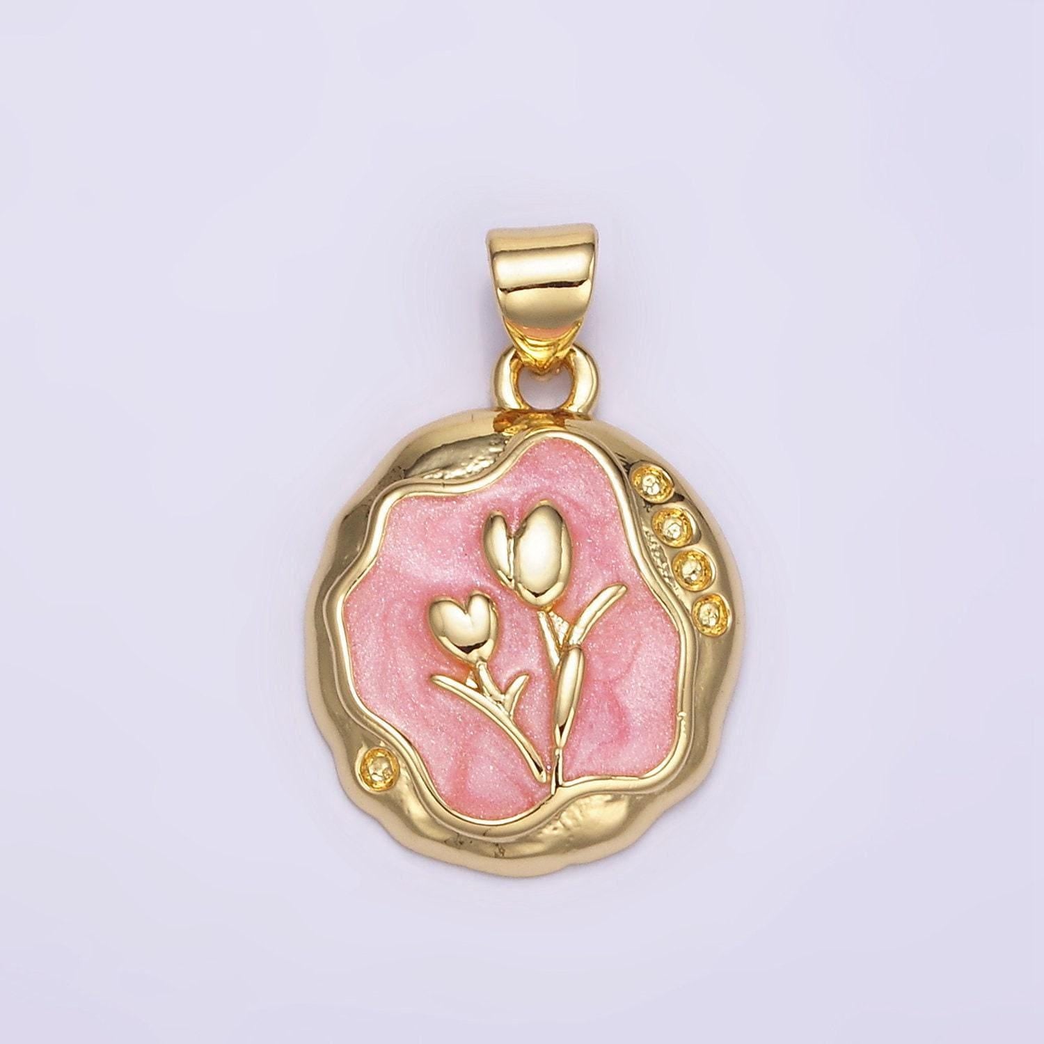 1pc gold tulip charms white, pink enamel flower charm abstract oval charm medallion for necklace bracelet aa069