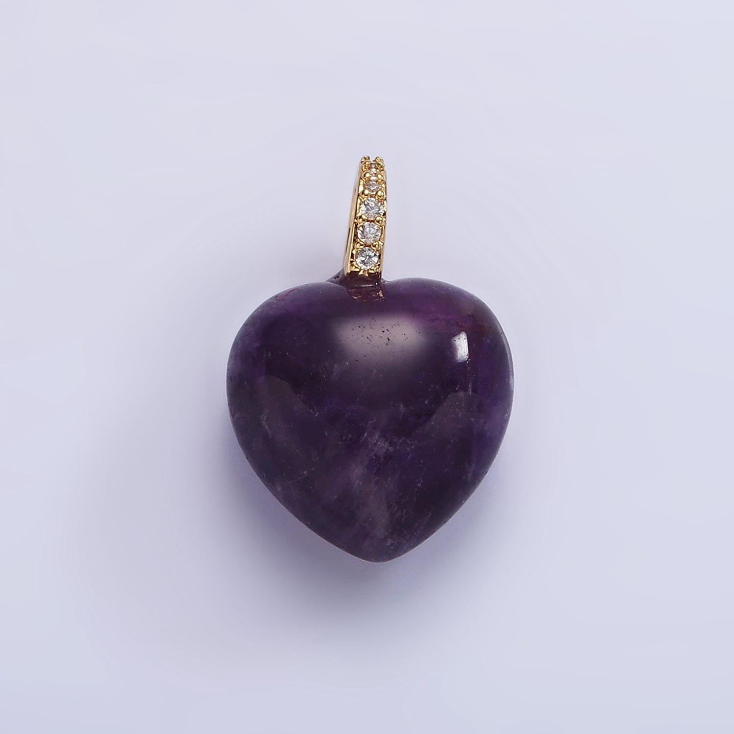 Puffy purple amethyst heart charm with clear micro paved cz bail pendant | ac798