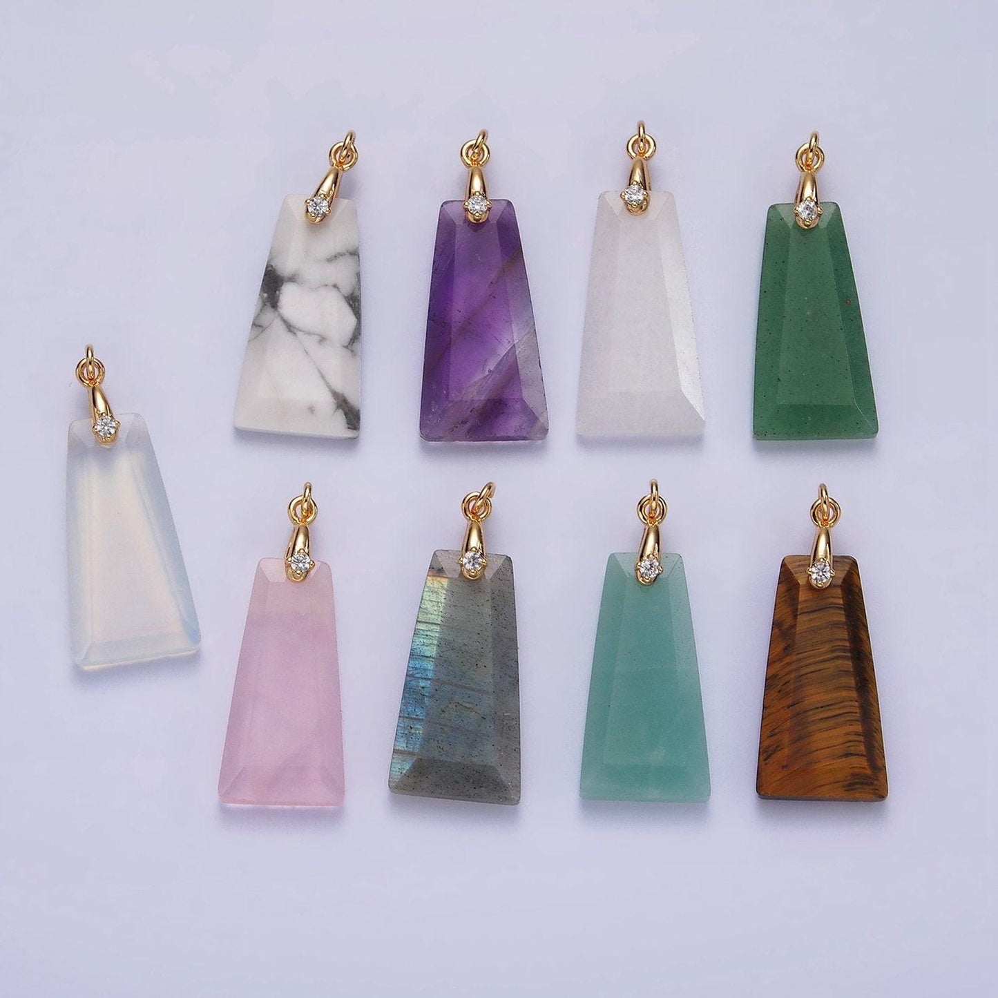 14k gold filled charm natural gemstone howlite amethyst rose quartz labradorite tiger eye triangle cz bail pendant | ag324 - ag332