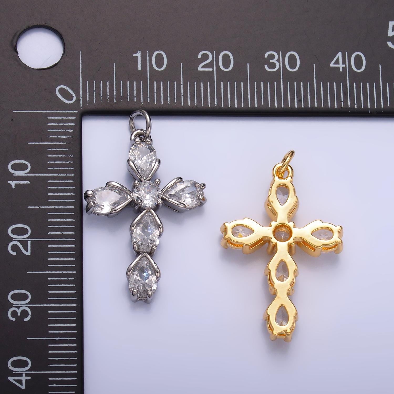 Dainty Cubic Tear drop cross pendant, cz cross charm for religious jewelry silver cross pendant for minimalist jewelry W410