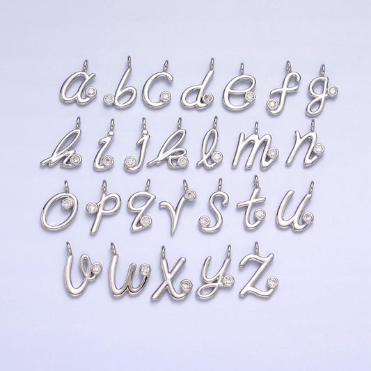 Dainty silver lower case initial letter alphabet charm pendant small cursive charm font simple minimalist personalized jewelry