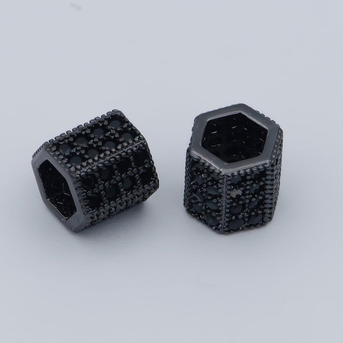 8mm black cz pave on black large hole hexagon tube spacer beads, cubic zirconia tube space beads, men's jewelry findings
