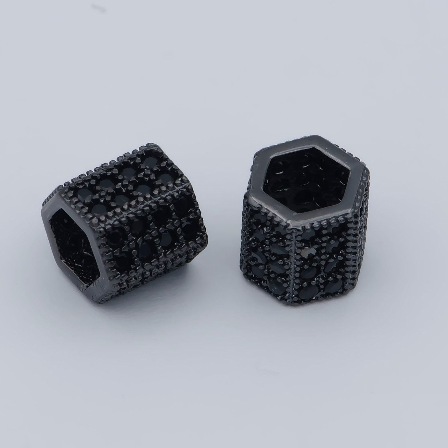 8mm black cz pave on black large hole hexagon tube spacer beads, cubic zirconia tube space beads, men's jewelry findings