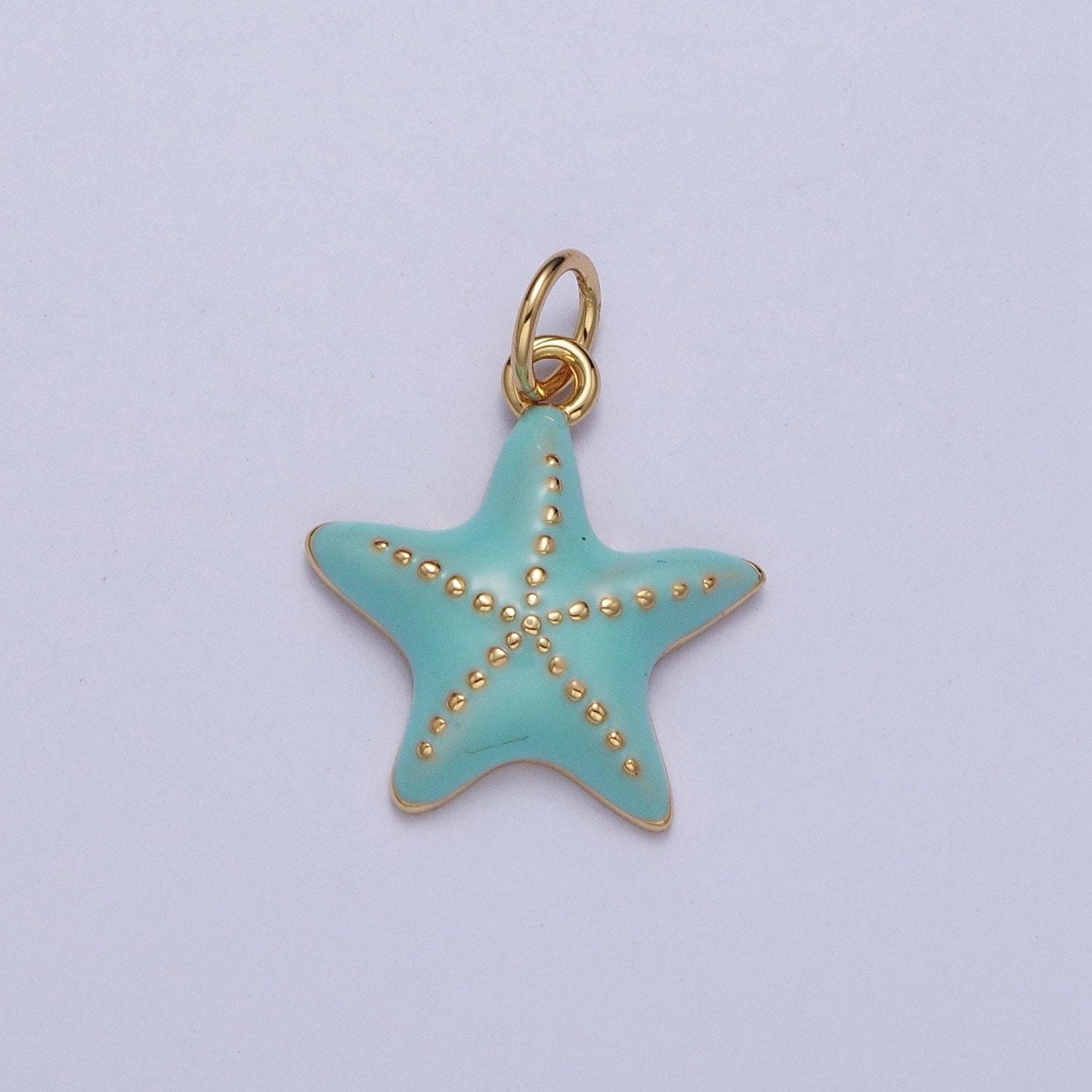 Dainty seafoam blue starfish pendant, 24k gold plated beaded texture seafoam blue enamel starfish charm | ag128