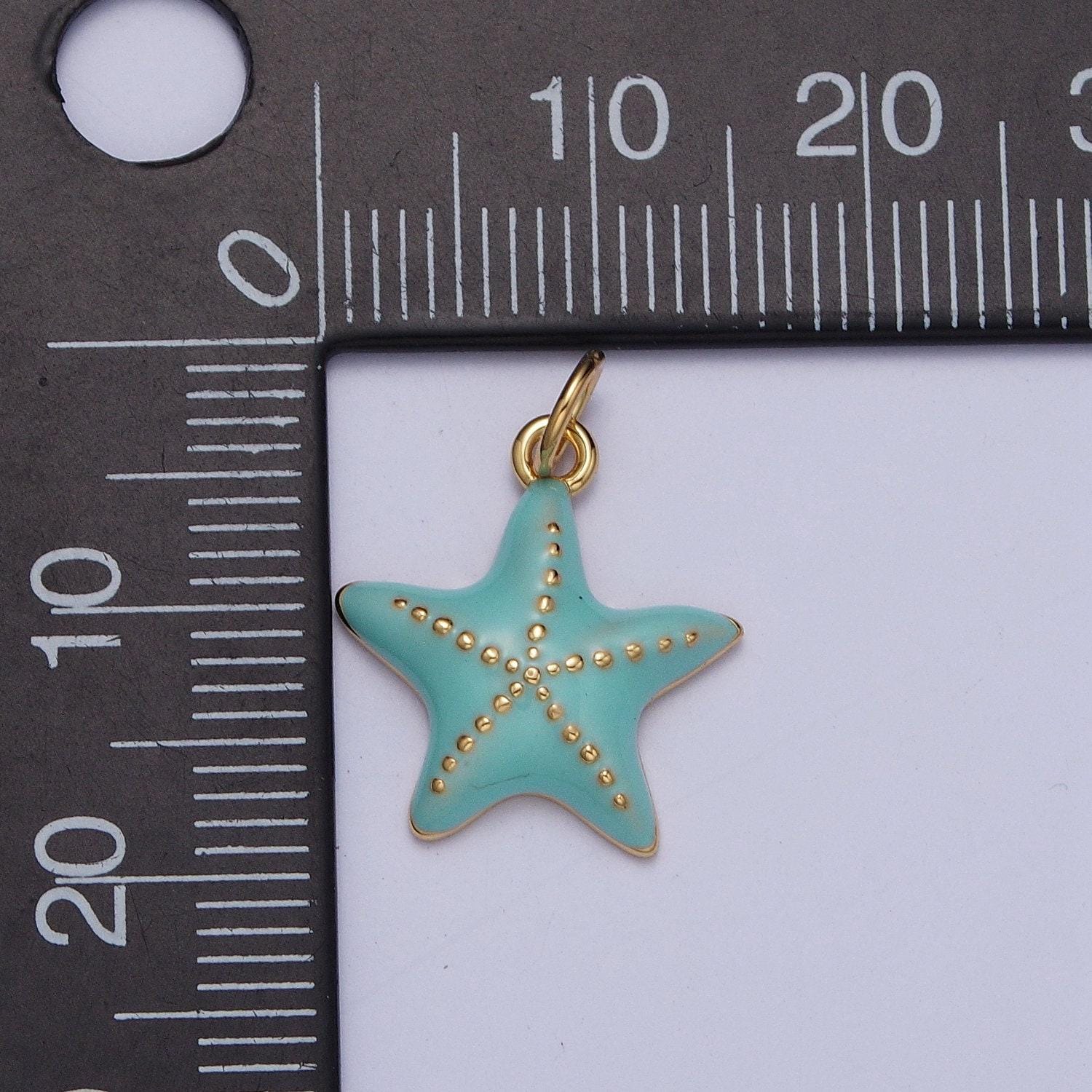 Dainty seafoam blue starfish pendant, 24k gold plated beaded texture seafoam blue enamel starfish charm | ag128