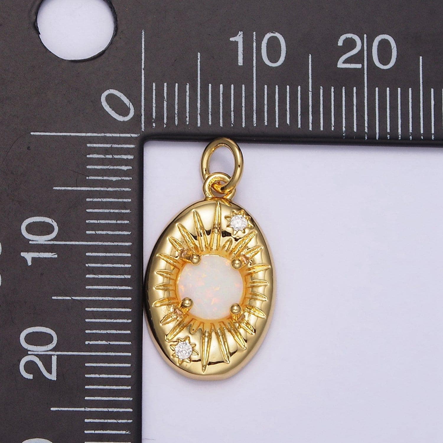 14k gold filled white opal lined celestial sun cz oval charm pendant | n992