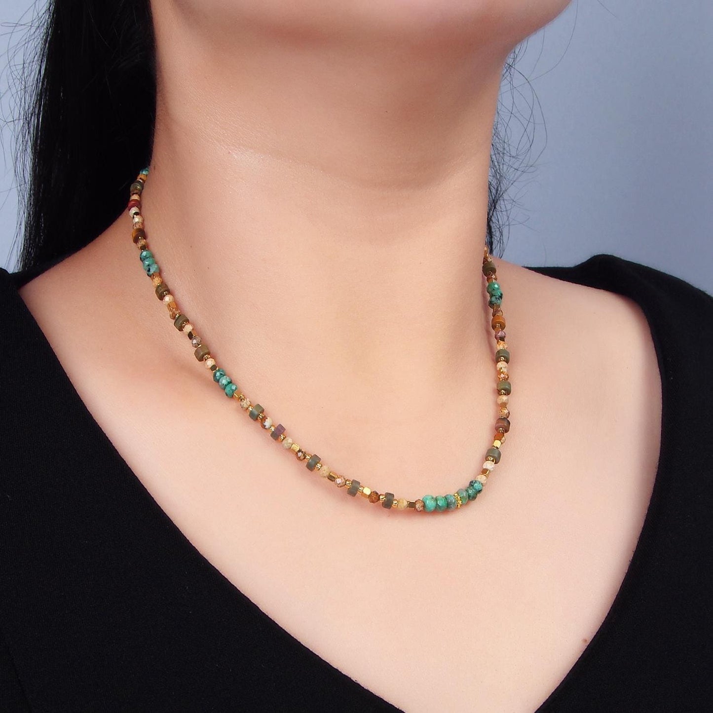 Handmade bohemian turquoise citrine multifaceted 14k gold filled beaded necklace | wa-2647
