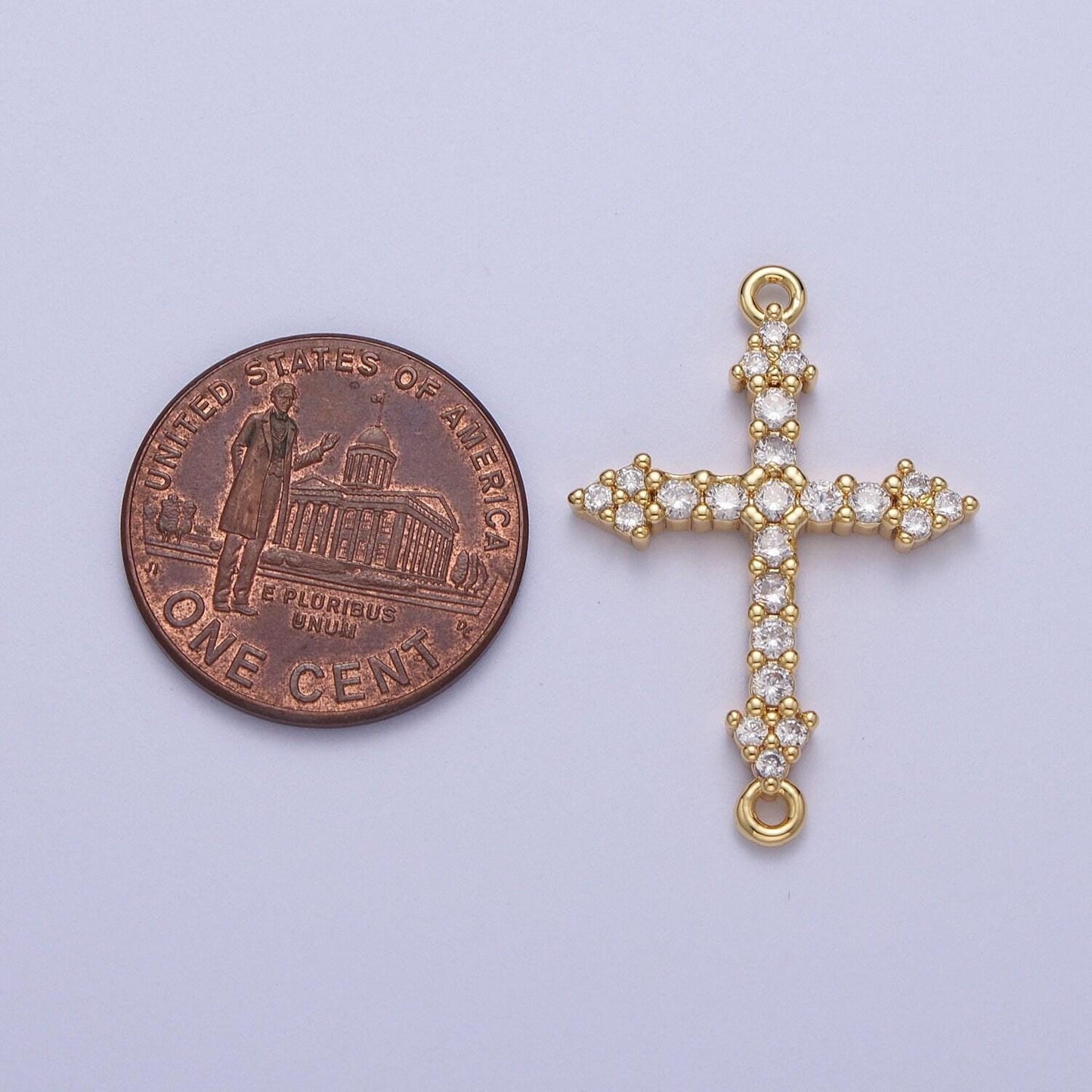 Gold cz cross charm connector, 24k gold plated clear/green micro paved cz arrow cross religious link connector | f-241, f-303