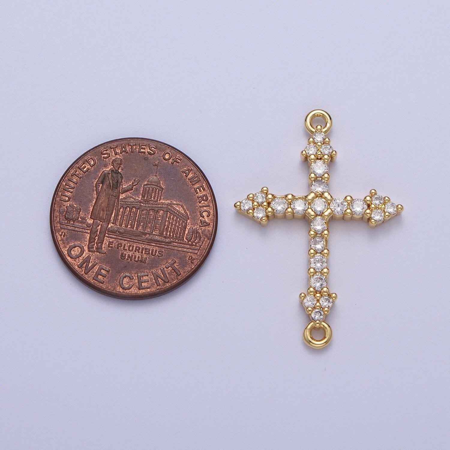 Gold cz cross charm connector, 24k gold plated clear/green micro paved cz arrow cross religious link connector | f-241, f-303