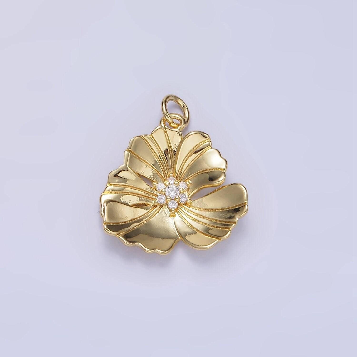 24k gold filled 20mm clear cz lined hibiscus flower tropical nature pendant | d270