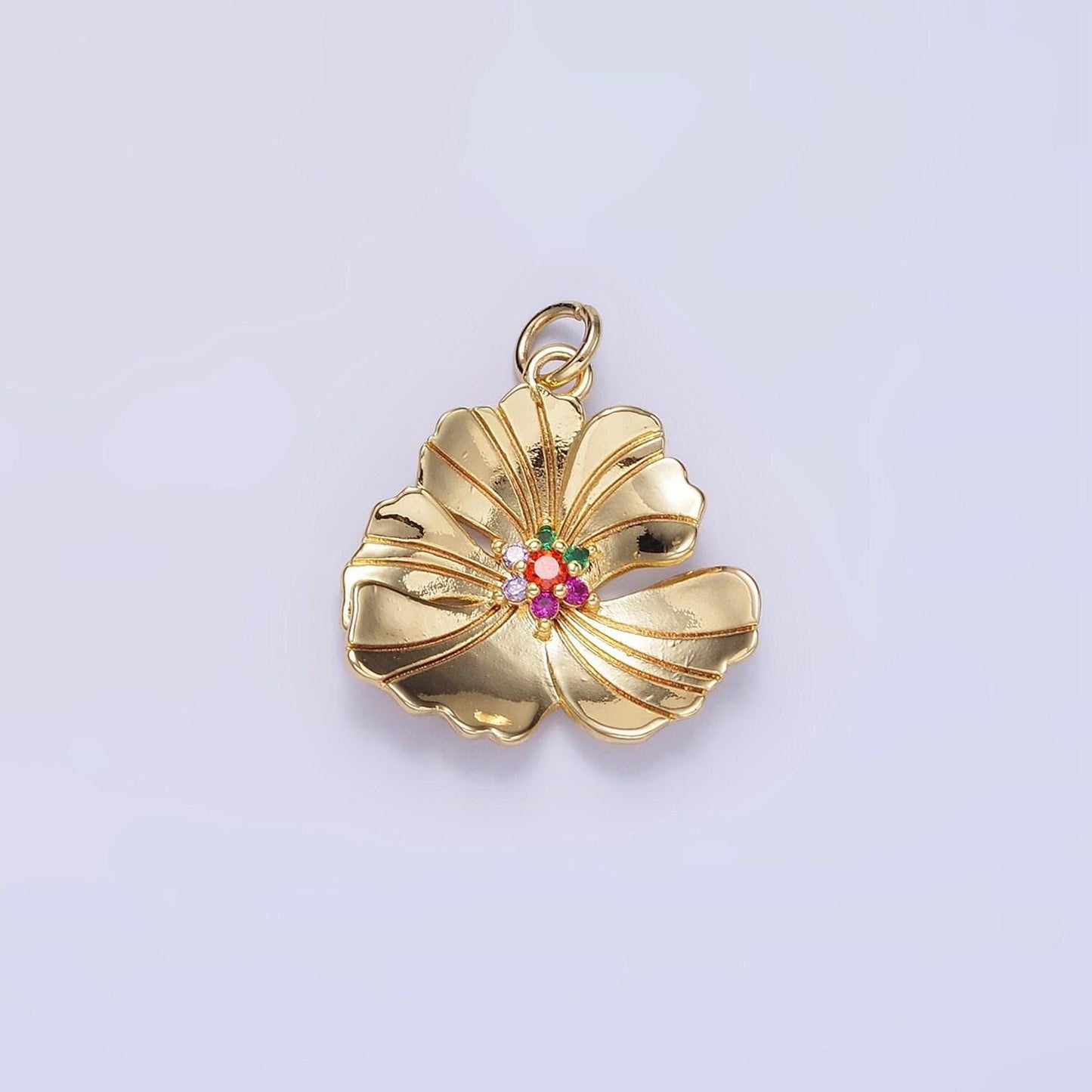 24k gold filled 20mm clear cz lined hibiscus flower tropical nature pendant | d270