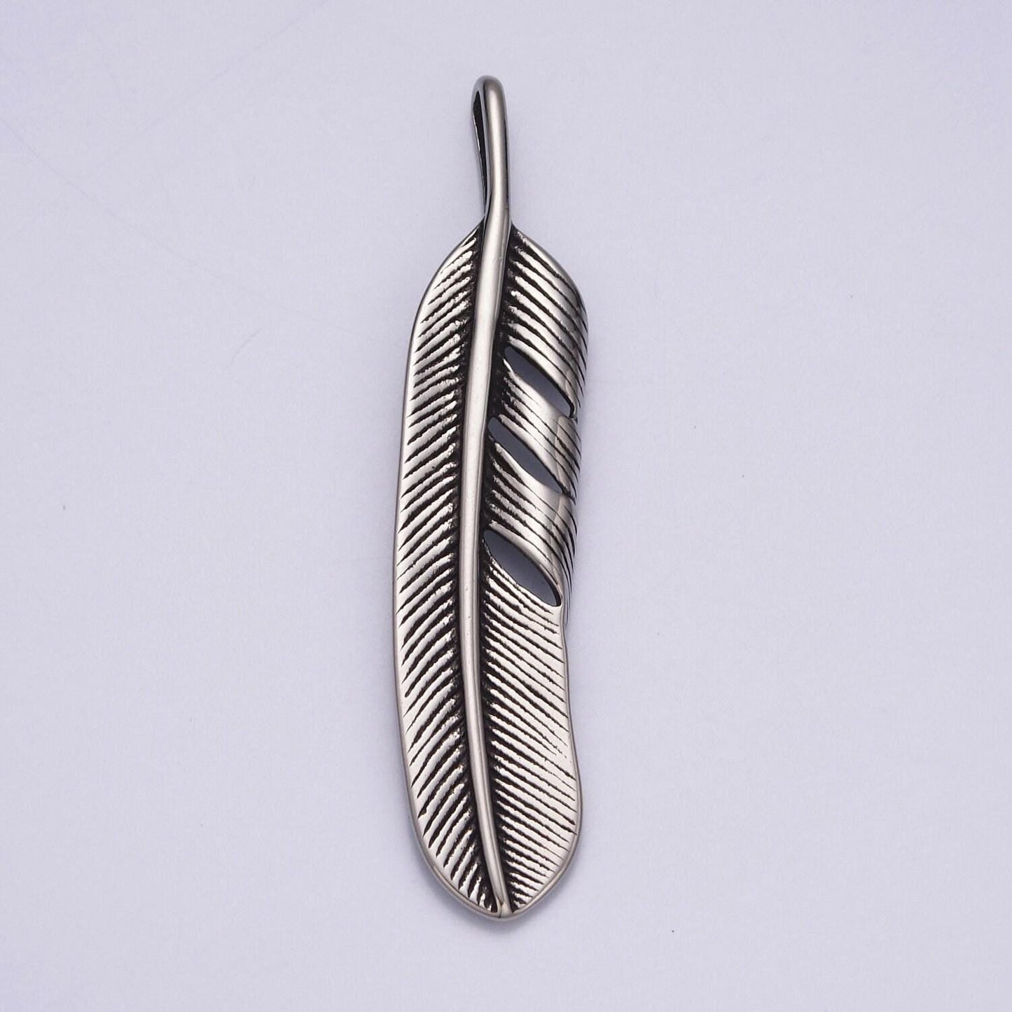 Silver black stainless steel feather pendant, parallel venation leaf charms for jewelry making | x-639