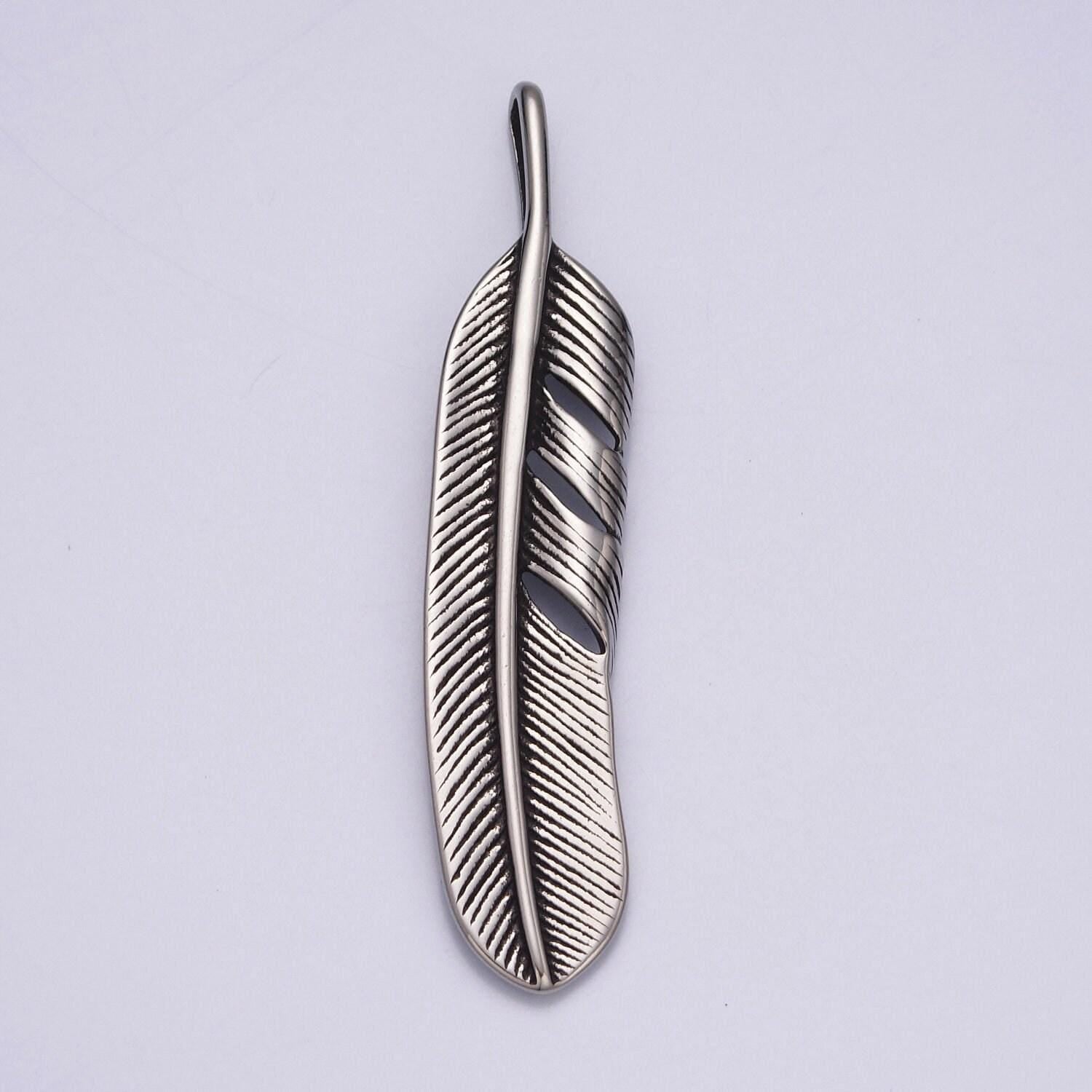 Silver black stainless steel feather pendant, parallel venation leaf charms for jewelry making | x-639