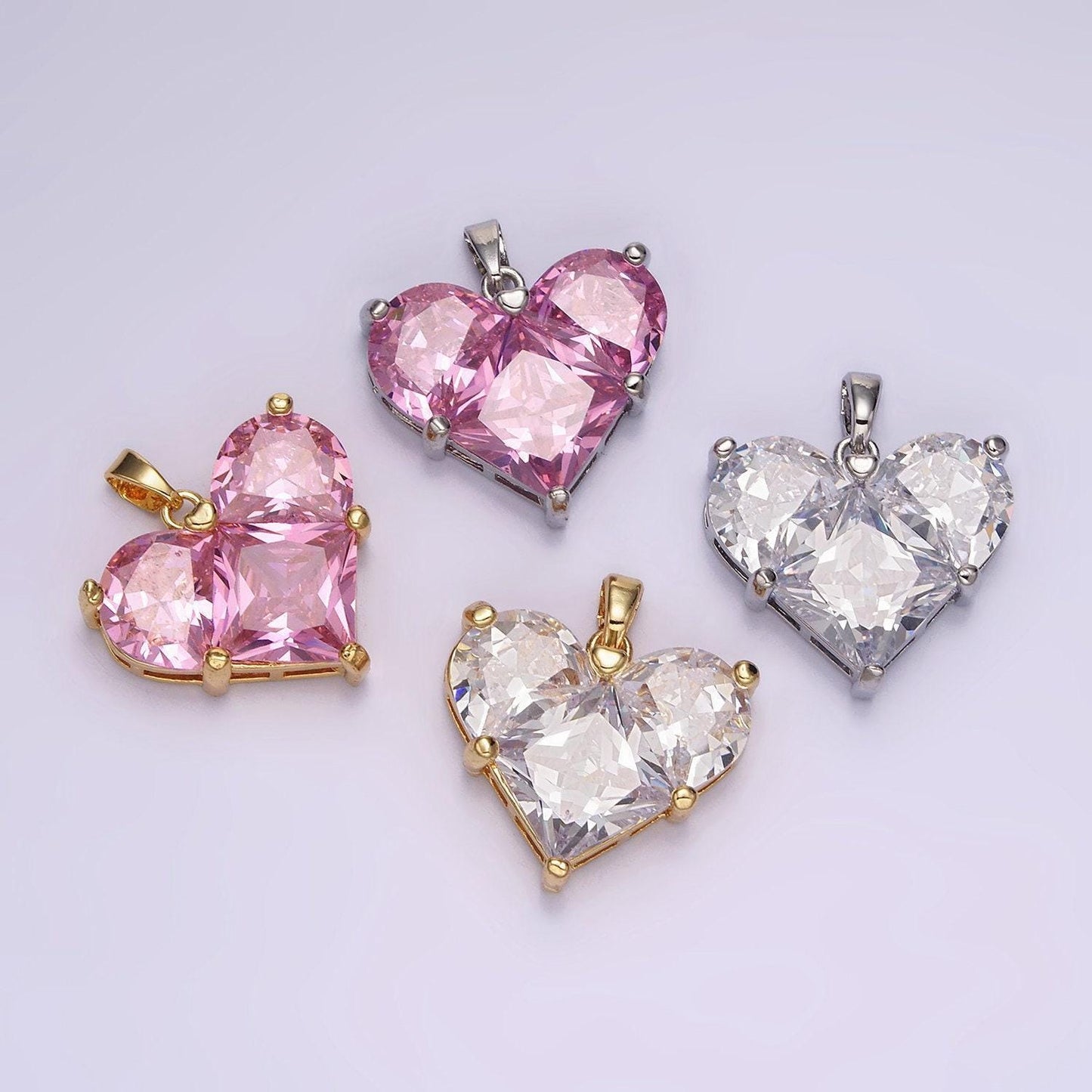 14k gold filled clear, pink pixelated pendant in gold & silver heart charm cubic faceted charm | n1809 - n1812