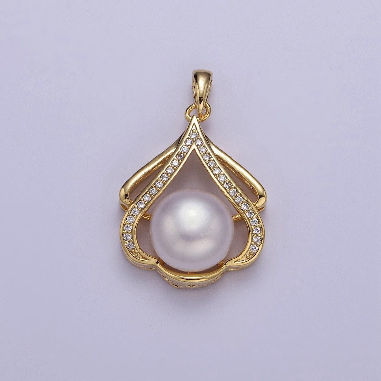 Classic gold style pearl pendant with clear cubic zirconia stone charm for minimalist jewelry dangle charm j-466