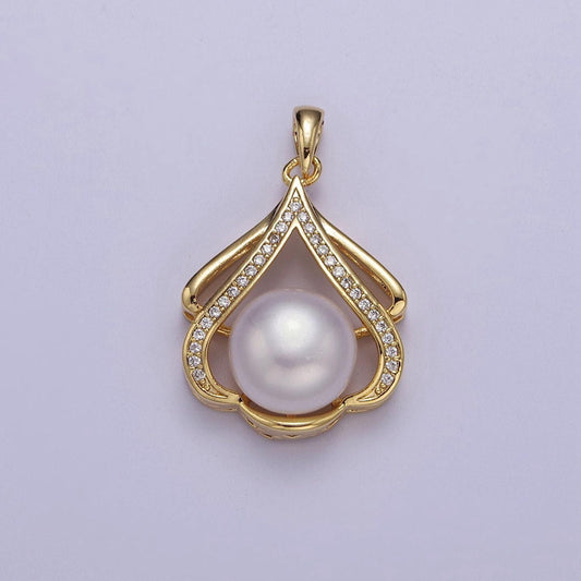Classic gold style pearl pendant with clear cubic zirconia stone charm for minimalist jewelry dangle charm j-466