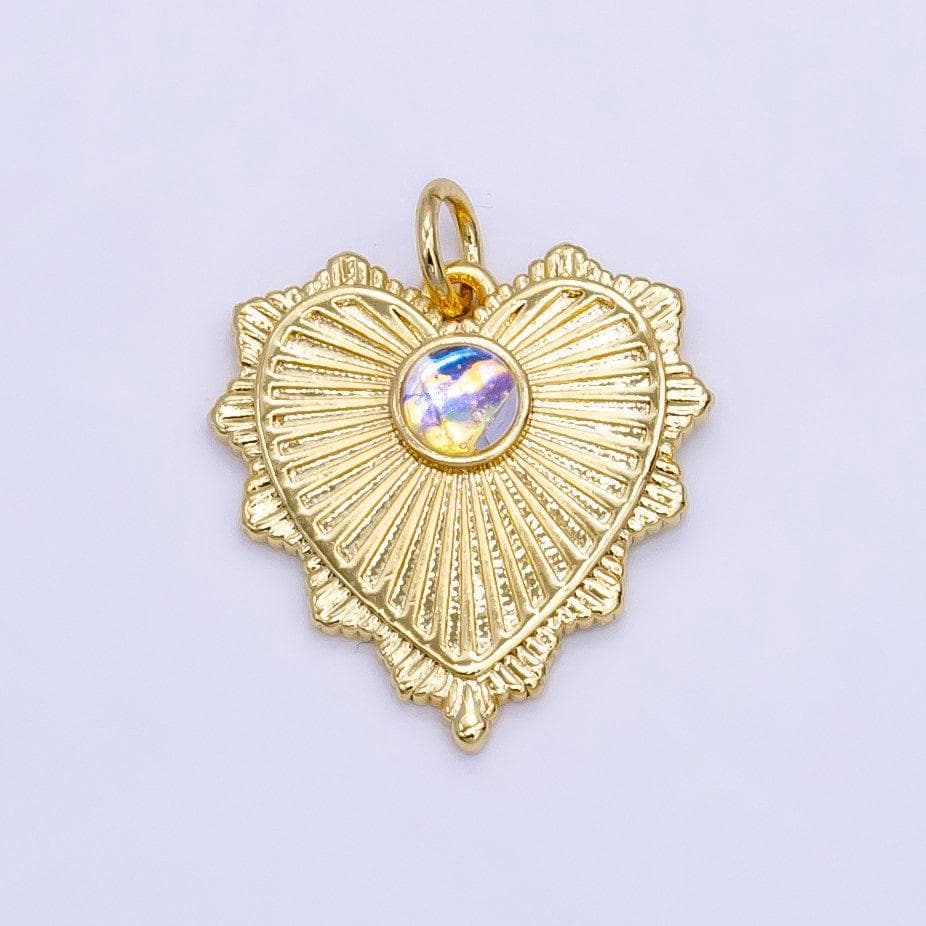 Gold radial heart pendant, 24k gold filled opal sunburst love heart token charm w. decorative edge | e-773