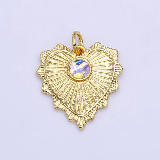 Gold radial heart pendant, 24k gold filled opal sunburst love heart token charm w. decorative edge | e-773