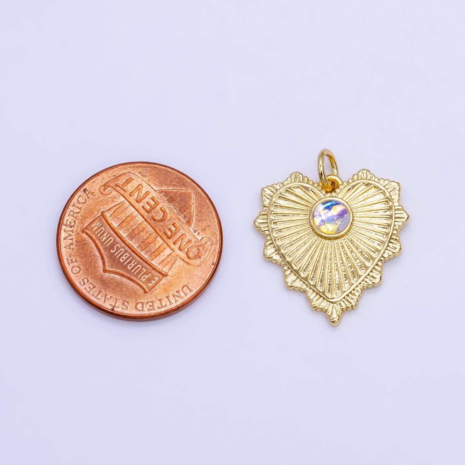 Gold radial heart pendant, 24k gold filled opal sunburst love heart token charm w. decorative edge | e-773