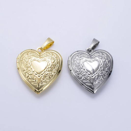 14k gold filled engraved heart floral flower locket pendant in gold & silver | h049