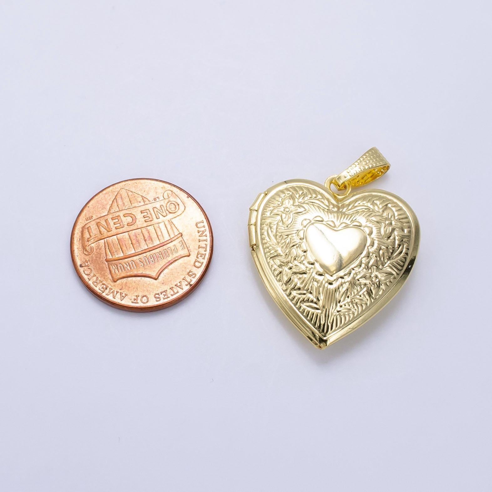 14k gold filled engraved heart floral flower locket pendant in gold & silver | h049