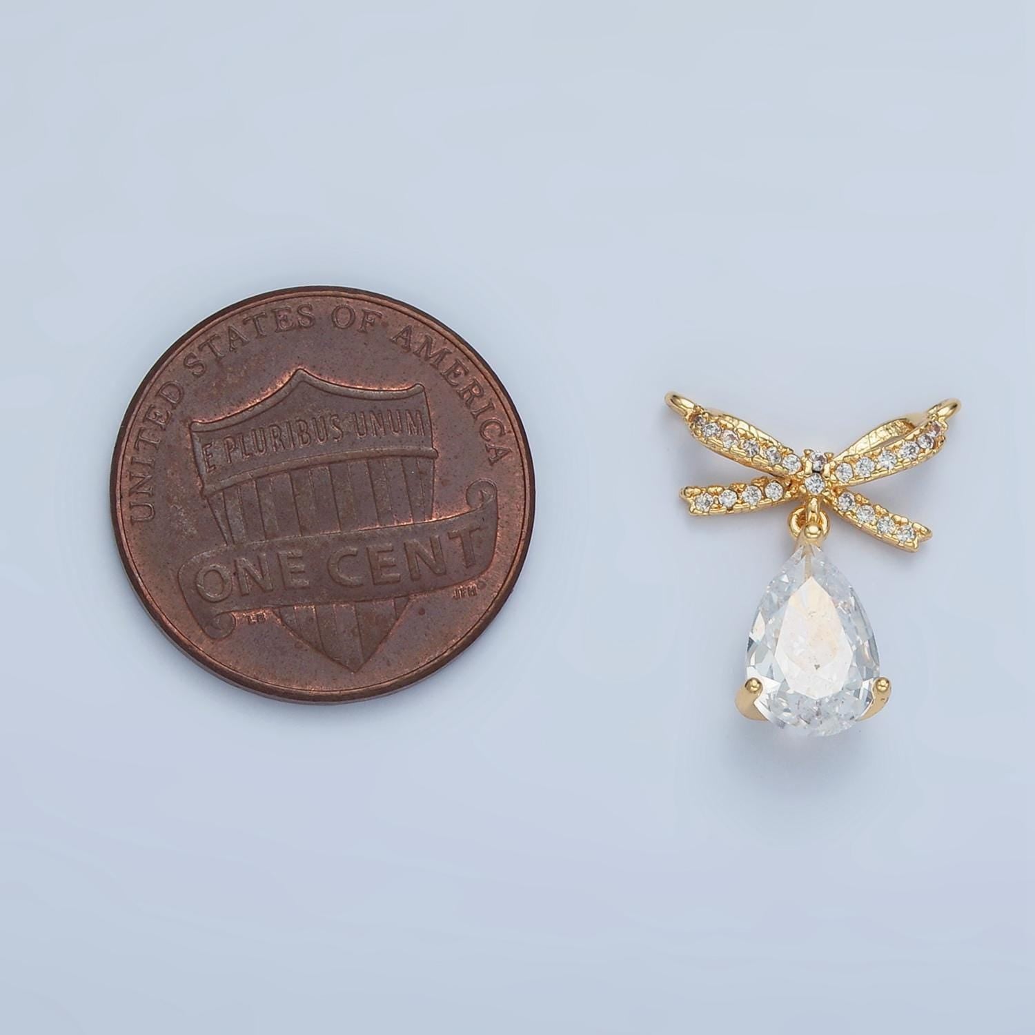 Mini cz paved bow with clear cz teardrop 24k gold filled charm | f-239
