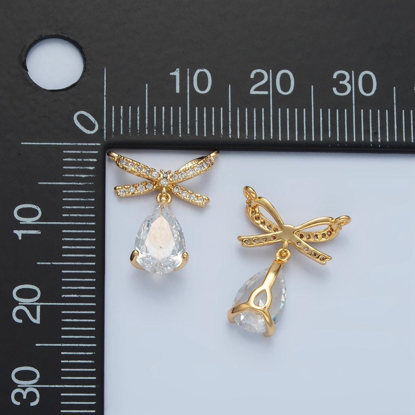 Mini cz paved bow with clear cz teardrop 24k gold filled charm | f-239