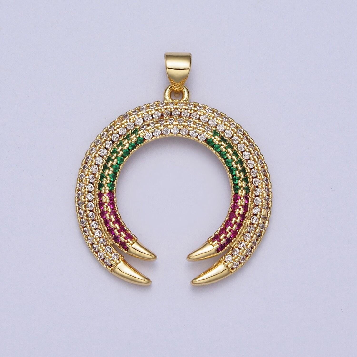 14k gold filled micro paved multicolor crescent moon charm double horn pendant upside down tusk charm| h253