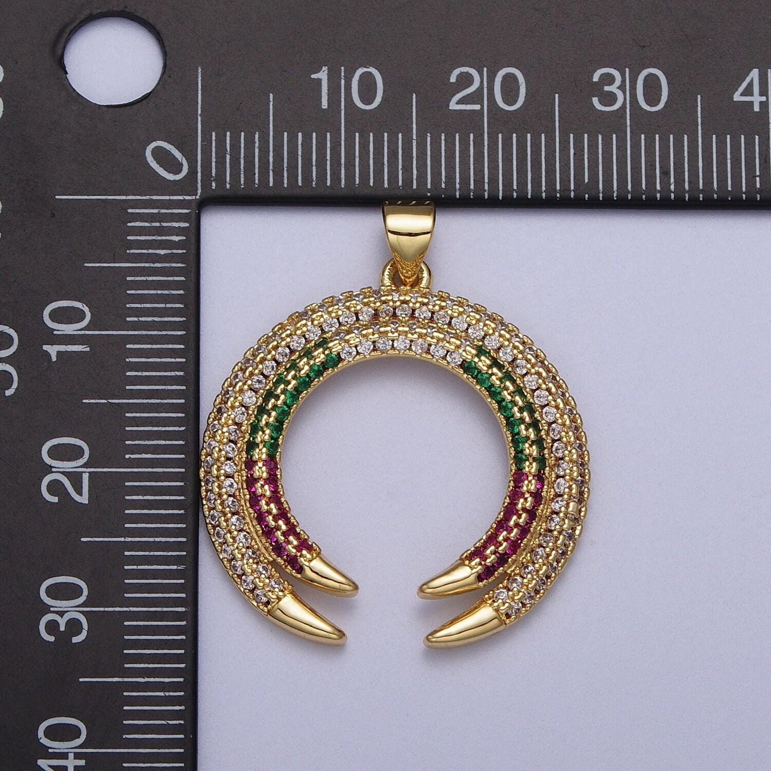 14k gold filled micro paved multicolor crescent moon charm double horn pendant upside down tusk charm| h253