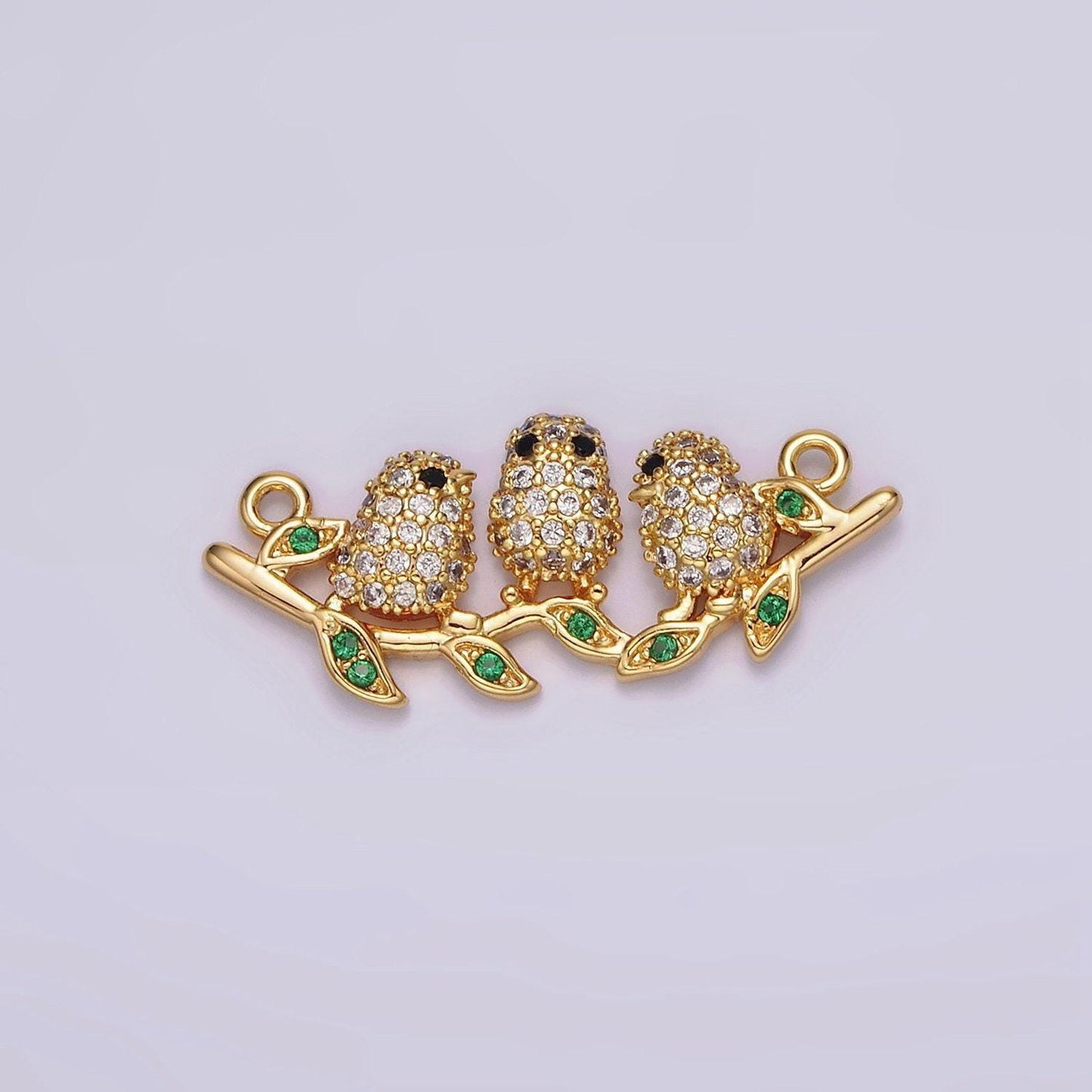 18k gold filled black-eyed three baby birds micro paved cz green leaf connector | g030