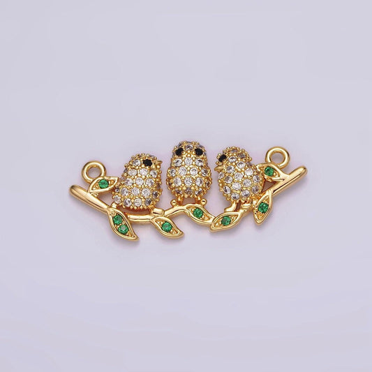 18k gold filled black-eyed three baby birds micro paved cz green leaf connector | g030