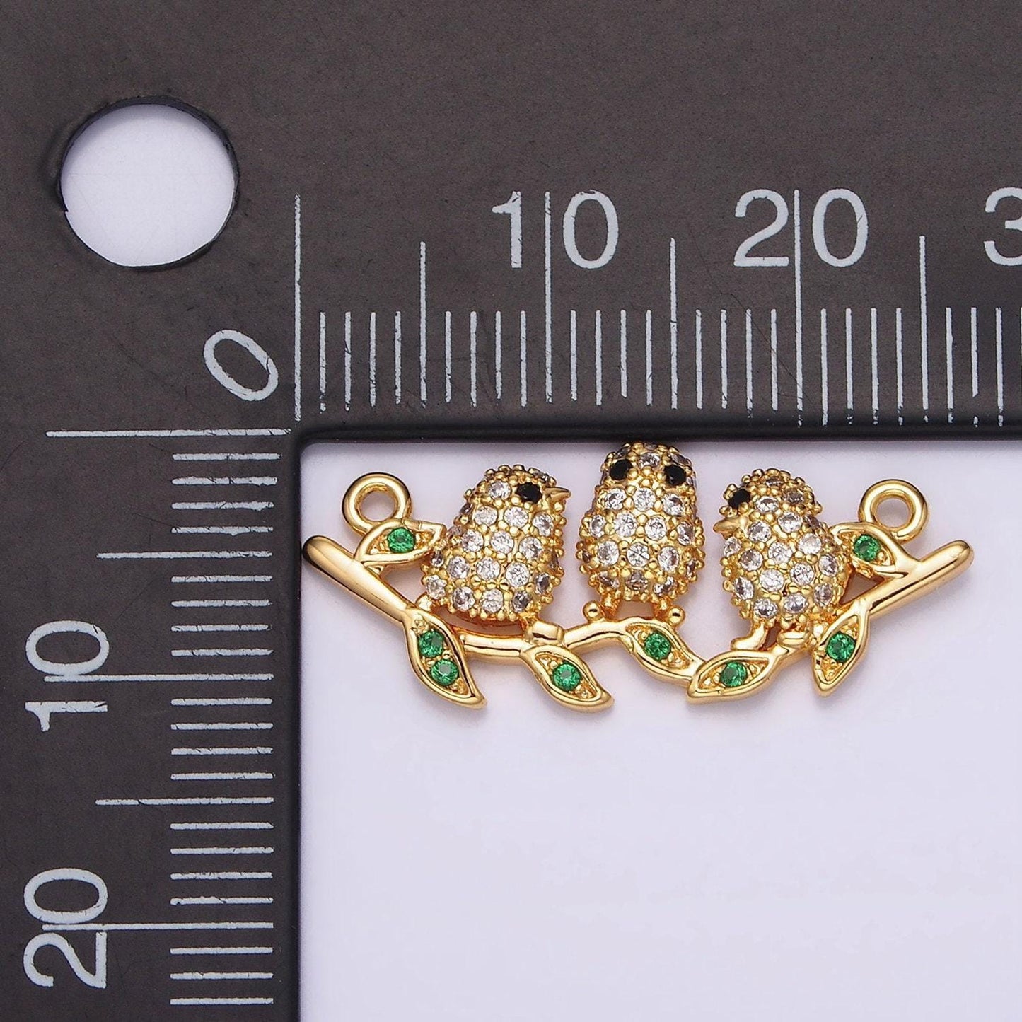 18k gold filled black-eyed three baby birds micro paved cz green leaf connector | g030