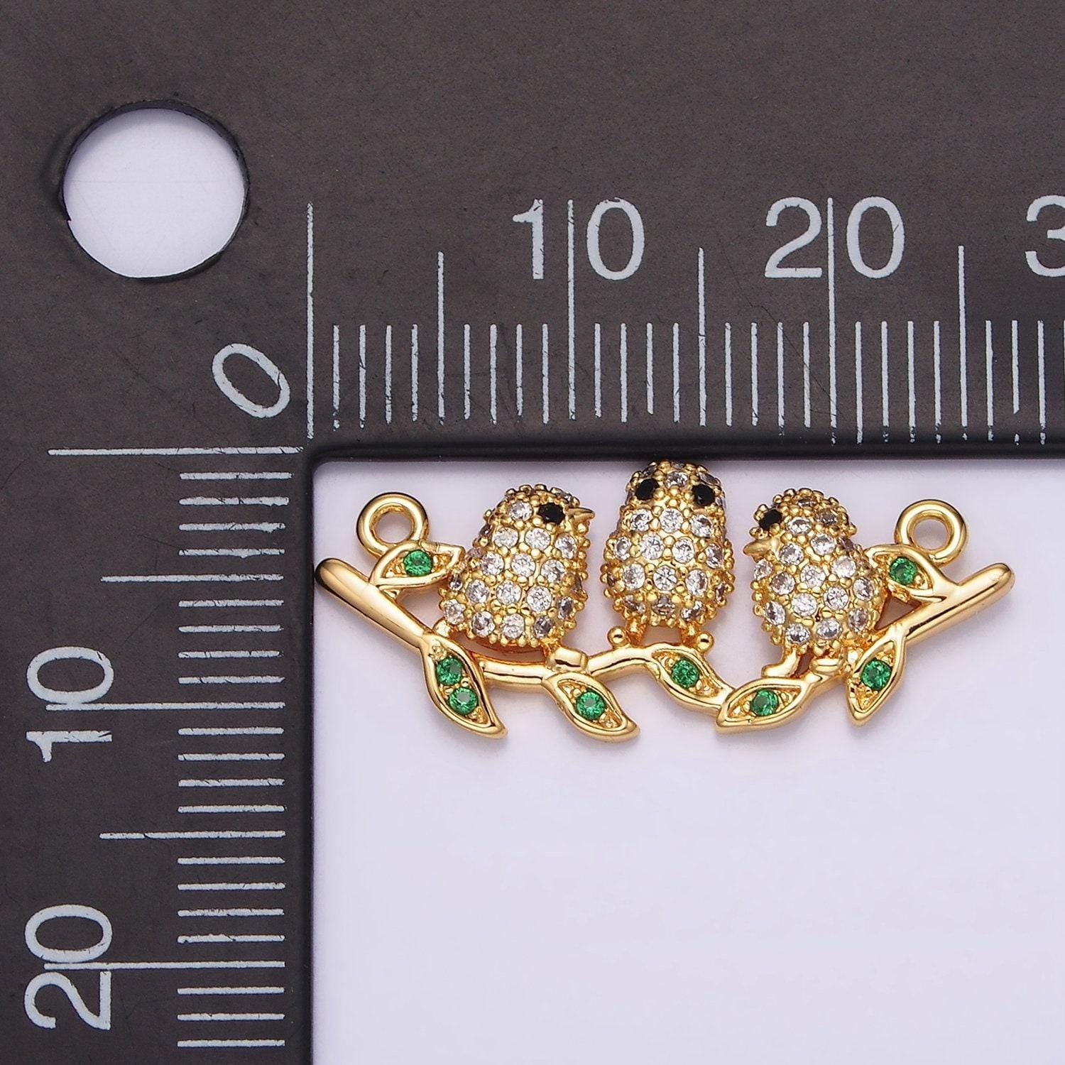 18k gold filled black-eyed three baby birds micro paved cz green leaf connector | g030